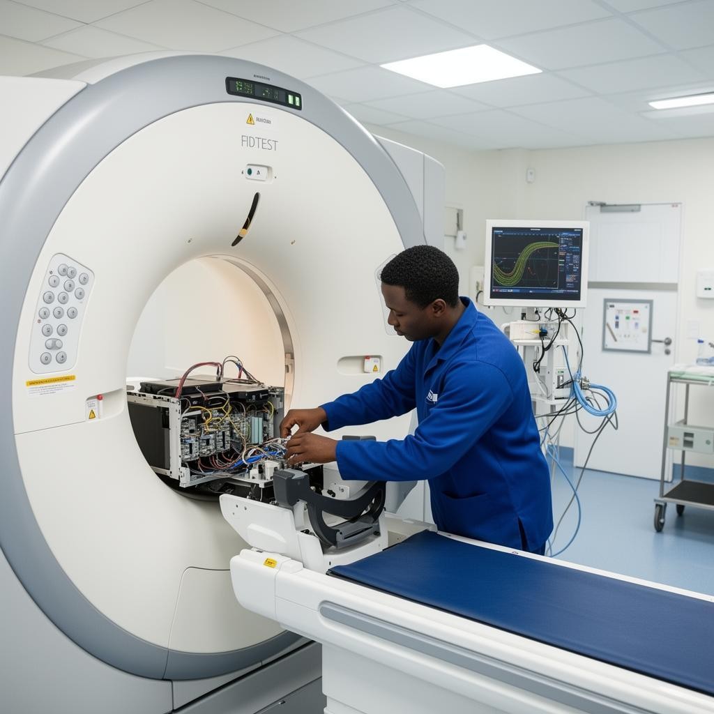 Engineer servicing a CT scanner in a clinical room